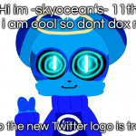 bbg | Hi im -skyocean’s- 11th alt i am cool so dont dox me; also the new Twitter logo is trash | image tagged in sky not badass | made w/ Imgflip meme maker