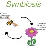 Perfect symbiosis | GAME DEVS PROVIDE CONTENT FOR STREAMERS; STREAMERS PROMOTE THOSE GAMES TO BRING MORE REVENUE | image tagged in symbiosis | made w/ Imgflip meme maker