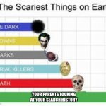 So True | YOUR PARENTS LOOKING AT YOUR SEARCH HISTORY | image tagged in the scariest things on earth | made w/ Imgflip meme maker