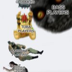 *casually plays bass* | DRUMMERS; BASS PLAYERS; TUBA PLAYERS; BARITONE PLAYERS; “IF YOU PLAY AN INSTRUMENT YOU’RE WEAK”
MF’S | image tagged in body slam extended,instruments,weak,body slam | made w/ Imgflip meme maker