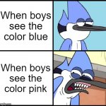 BOYS | When boys see the color blue; When boys see the color pink | image tagged in mordecai disgusted | made w/ Imgflip meme maker