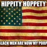 Old American Flag | HIPPITY HOPPETY; THE BLACK MEN ARE NOW MY PORPERTY | image tagged in old american flag,slavery | made w/ Imgflip meme maker