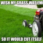 Lawn Mower | I WISH MY GRASS WAS EMO; SO IT WOULD CUT ITSELF | image tagged in lawn mower | made w/ Imgflip meme maker
