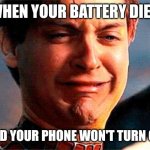 Tobey Maguire crying | WHEN YOUR BATTERY DIES; AND YOUR PHONE WON'T TURN ON | image tagged in tobey maguire crying,memes,tobey maguire | made w/ Imgflip meme maker