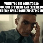Why must the universe punish us with toes | WHEN YOU HIT YOUR TOE SO YOU JUST SIT THERE AND EXPERIENCE THE PAIN WHILE CONTEMPLATING LIFE | image tagged in gifs,memes,relatable,shitpost,oppenheimer | made w/ Imgflip video-to-gif maker