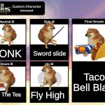 Cheems Da Fighter | BONK; Sword slide; Taco Bell Blast; Spill The Tea; Fly High | image tagged in super smash bros ultimate custom character moveset,cheems,memes,doge,funny | made w/ Imgflip meme maker