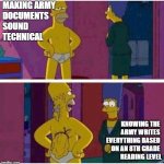 army resume | MAKING ARMY 
DOCUMENTS 
SOUND 
TECHNICAL; KNOWING THE 
ARMY WRITES 
EVERYTHING BASED 
ON AN 8TH GRADE 
READING LEVEL | image tagged in army | made w/ Imgflip meme maker