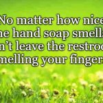 Fun Hints | No matter how nice the hand soap smells, don’t leave the restroom smelling your fingers. | image tagged in green background,funny | made w/ Imgflip meme maker