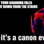 granda falls | WHEN YOUR GRANDMA FALLS AL THE WAY DOWN FROM THE STAIRS | image tagged in bro it s a canon event | made w/ Imgflip meme maker