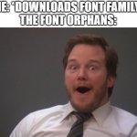 I don't think this'll fit here but whatever | ME: *DOWNLOADS FONT FAMILY*
THE FONT ORPHANS: | image tagged in andy dwyer | made w/ Imgflip meme maker