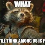 rocket racoon | WHAT; YOU STILL THINK AMONG US IS FUNNY? | image tagged in rocket racoon | made w/ Imgflip meme maker