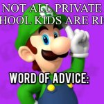 Word of advice | NOT ALL PRIVATE SCHOOL KIDS ARE RICH | image tagged in luigi's word of advice | made w/ Imgflip meme maker