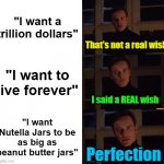 Meme #3,400 | "I want a trillion dollars"; That's not a real wish; "I want to live forever"; I said a REAL wish; "I want Nutella Jars to be as big as peanut butter jars"; Perfection | image tagged in perfection,memes,wish,nutella,so true memes,you still have 3 wishes | made w/ Imgflip meme maker