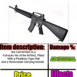 Colt M16A3 : ImgFlip Item-Shop | Colt M16A3 Assault/Battle Rifle; the Colt M16A3 Is a Full-auto Ver of the M16A2, Fitted With a Picatinny-Type Rail and a Removable Carrying-Handle; 10,000 - 25,500 (Per Far Range)

50,000 - 72,000 (Per Close Range); 25,000 Points or $15,000; Knock-Back : 621
Rounds : 52 | image tagged in item-shop extended,m16,ar-15 | made w/ Imgflip meme maker
