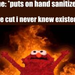elmo fire | me: *puts on hand sanitizer*; the cut i never knew existed: | image tagged in elmo fire | made w/ Imgflip meme maker