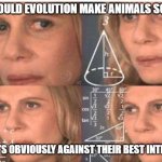 Math lady/Confused lady | WHY WOULD EVOLUTION MAKE ANIMALS SO TASTY; WHEN IT'S OBVIOUSLY AGAINST THEIR BEST INTERESTS ? | image tagged in math lady/confused lady | made w/ Imgflip meme maker