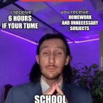 i receive you receive | HOMEWORK AND UNNECESSARY SUBJECTS; 6 HOURS IF YOUR TUME; SCHOOL | image tagged in i receive you receive | made w/ Imgflip meme maker