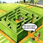 A maze | Out now, I know you are in there. | image tagged in maze,i know,where you are,finish grass cutting | made w/ Imgflip meme maker
