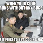 How-to-code-with-no-bugs | WHEN YOUR CODE RUNS WITHOUT ANY BUGS; HOW IT FEELS TO BE A CODING MASTER | image tagged in how-to-code-with-no-bugs | made w/ Imgflip meme maker