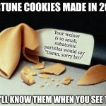 Negativity, its the new normal | FORTUNE COOKIES MADE IN 2023; Your weiner is so small, subatomic particles would say "Damn, sorry bro"; YOU'LL KNOW THEM WHEN YOU SEE THEM | image tagged in fortune cookie,words of wisdom,2023,real life,negative,oh well | made w/ Imgflip meme maker