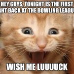 Woohoo | HEY GUYS, TONIGHT IS THE FIRST NIGHT BACK AT THE BOWLING LEAGUE!!! WISH ME LUUUUCK | image tagged in memes,excited cat,fun,bowling,funny,wish me luck | made w/ Imgflip meme maker
