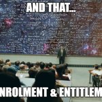 Classroom science geeks | AND THAT... IS ENROLMENT & ENTITLEMENT | image tagged in classroom science geeks | made w/ Imgflip meme maker