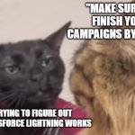 Black cat zoning out | "MAKE SURE TO FINISH YOUR CAMPAIGNS BY FRIDAY"; ME TRYING TO FIGURE OUT HOW SALESFORCE LIGHTNING WORKS | image tagged in black cat zoning out | made w/ Imgflip meme maker