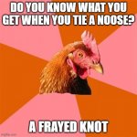 There's a hundred uses for the hangman's knot that have nothing to do with KYS (never do that) | DO YOU KNOW WHAT YOU GET WHEN YOU TIE A NOOSE? A FRAYED KNOT | image tagged in memes,anti joke chicken | made w/ Imgflip meme maker