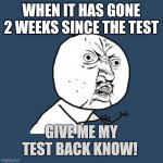 Y U No | WHEN IT HAS GONE 2 WEEKS SINCE THE TEST; GIVE ME MY TEST BACK KNOW! | image tagged in memes,y u no,school | made w/ Imgflip meme maker