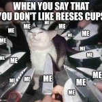 Knife Cat | WHEN YOU SAY THAT YOU DON'T LIKE REESES CUPS; ME; ME; ME; ME; ME; ME; ME; ME; ME; ME; ME; ME; ME; ME; ME; ME; ME | image tagged in knife cat | made w/ Imgflip meme maker