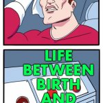 Life Between Birth and Death | LIFE BEFORE BIRTH; LIFE AFTER DEATH; LIFE 
BETWEEN 
BIRTH 
AND 
DEATH | image tagged in two buttons third option | made w/ Imgflip meme maker