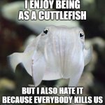 Giant Australian Cuttlefishes are near threatened | I ENJOY BEING AS A CUTTLEFISH; BUT I ALSO HATE IT BECAUSE EVERYBODY KILLS US | image tagged in friendly cuttlefish,cuttlefish,animals | made w/ Imgflip meme maker