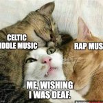 Music? | RAP MUSIC; CELTIC FIDDLE MUSIC; ME, WISHING I WAS DEAF. | image tagged in caught in the middle | made w/ Imgflip meme maker
