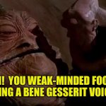 Jabba voice | OH!  YOU WEAK-MINDED FOOL.  SHE’S USING A BENE GESSERIT VOICE TRICK | image tagged in jabba,dune | made w/ Imgflip meme maker