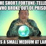 Dad Joke or Bad Pun. You decide. | THE SHORT FORTUNE-TELLER WHO BROKE OUT OF PRISON; WAS A SMALL MEDIUM AT LARGE. | image tagged in fortune teller,joke,dad joke,funny,pun,humor | made w/ Imgflip meme maker