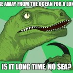 new philosoraptor | IF YOU'RE AWAY FROM THE OCEAN FOR A LONG TIME, IS IT LONG TIME, NO SEA? | image tagged in new philosoraptor | made w/ Imgflip meme maker