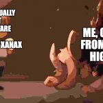 bad trip moment | THAT ONE FRIEND WHO ACTUALLY GIVES A SHIT ABOUT MY WELFARE; ME, COMING DOWN FROM THE CRAZIEST HIGH OF MY LIFE; XANAX | image tagged in frisk handing flowers to asriel,psychonaut,bad trip,xanax,drugs,funny | made w/ Imgflip meme maker