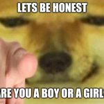 Lemme see | LETS BE HONEST; ARE YOU A BOY OR A GIRL? | image tagged in cheems pointing at you,boys vs girls,sus,fun,memes,ok | made w/ Imgflip meme maker