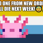 no one from pet shop boys will die tomorrow | NO ONE FROM NEW ORDER
WILL DIE NEXT WEEK!😇🙏🏿 | image tagged in please angel protect neil tenant and grace jones | made w/ Imgflip meme maker