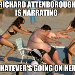 Women Helping Fat Guy | RICHARD ATTENBOROUGH IS NARRATING; WHATEVER’S GOING ON HERE | image tagged in women helping fat guy | made w/ Imgflip meme maker
