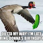 Goose delivers pickle | OUTTA MY WAY! I'M LATE DELIVERING DONNA'S BIRTHDAY PICKLE! | image tagged in goose delivers pickle | made w/ Imgflip meme maker