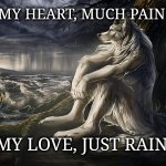 Is it worth the drain | MY HEART, MUCH PAIN; MY LOVE, JUST RAIN | image tagged in melancholic werewolf | made w/ Imgflip meme maker