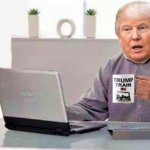 Trump drinks coffee reading laptop 1