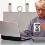 Trump drinks coffee reading laptop 2