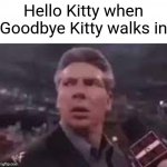 Hello Kitty Meme | Hello Kitty when Goodbye Kitty walks in | image tagged in x when x walks in,hello kitty | made w/ Imgflip meme maker