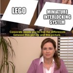 what do you think it should be called?? | MINIATURE INTERLOCKING SYSTEM; LEGO | image tagged in difference between pictures | made w/ Imgflip meme maker