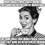 Retro woman teacup | WHAT MAKES MEN CHASE WOMEN THEY HAVE NO INTENTION OF MARRYING? THE SAME URGE THAT MAKES DOGS CHASE CARS THEY HAVE NO INTENTION OF DRIVING | image tagged in retro woman teacup | made w/ Imgflip meme maker