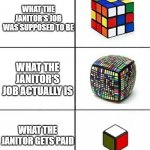 Rubik's Cube Comparison | WHAT THE JANITOR'S JOB WAS SUPPOSED TO BE; WHAT THE JANITOR'S JOB ACTUALLY IS; WHAT THE JANITOR GETS PAID | image tagged in rubik's cube comparison | made w/ Imgflip meme maker
