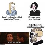 spider-man sadness | ALL MEN WHO LIKED SPIDER-MAN AS A BROTHER | image tagged in chad crying | made w/ Imgflip meme maker