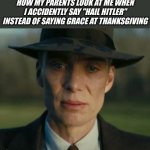 i didnt mean to | HOW MY PARENTS LOOK AT ME WHEN I ACCIDENTLY SAY "HAIL HITLER" INSTEAD OF SAYING GRACE AT THANKSGIVING | image tagged in openheimer,funny,memes,thanksgiving,fall,autumn | made w/ Imgflip meme maker